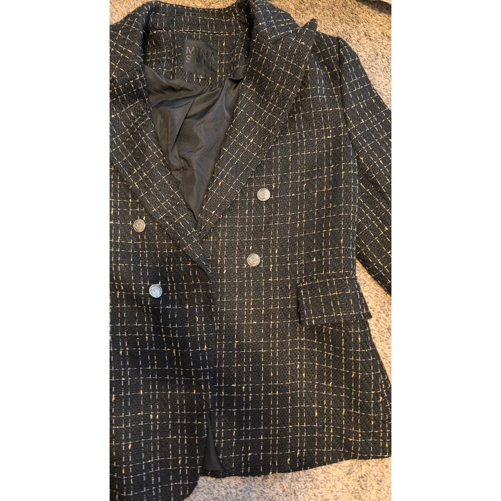 Mina Self Black & Gold Tweed Plaid Double-Breasted Blazer Size Large EUC - Picture 2 of 6